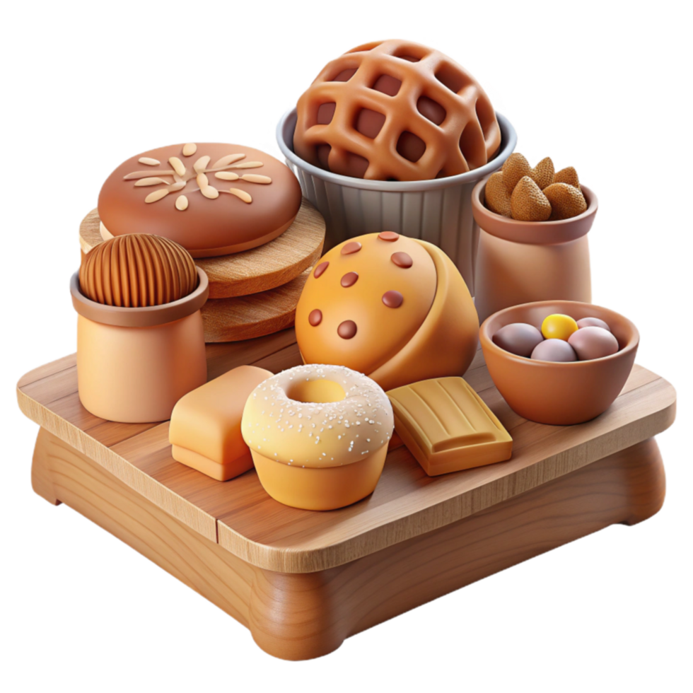 elegant abstract Assorted Baked Goods on Wooden Tray 4K png