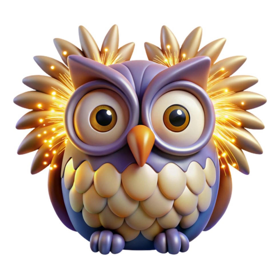 elegant rustic Sparkling Owl 3D Render of Cute Bird with Fireworks premium png