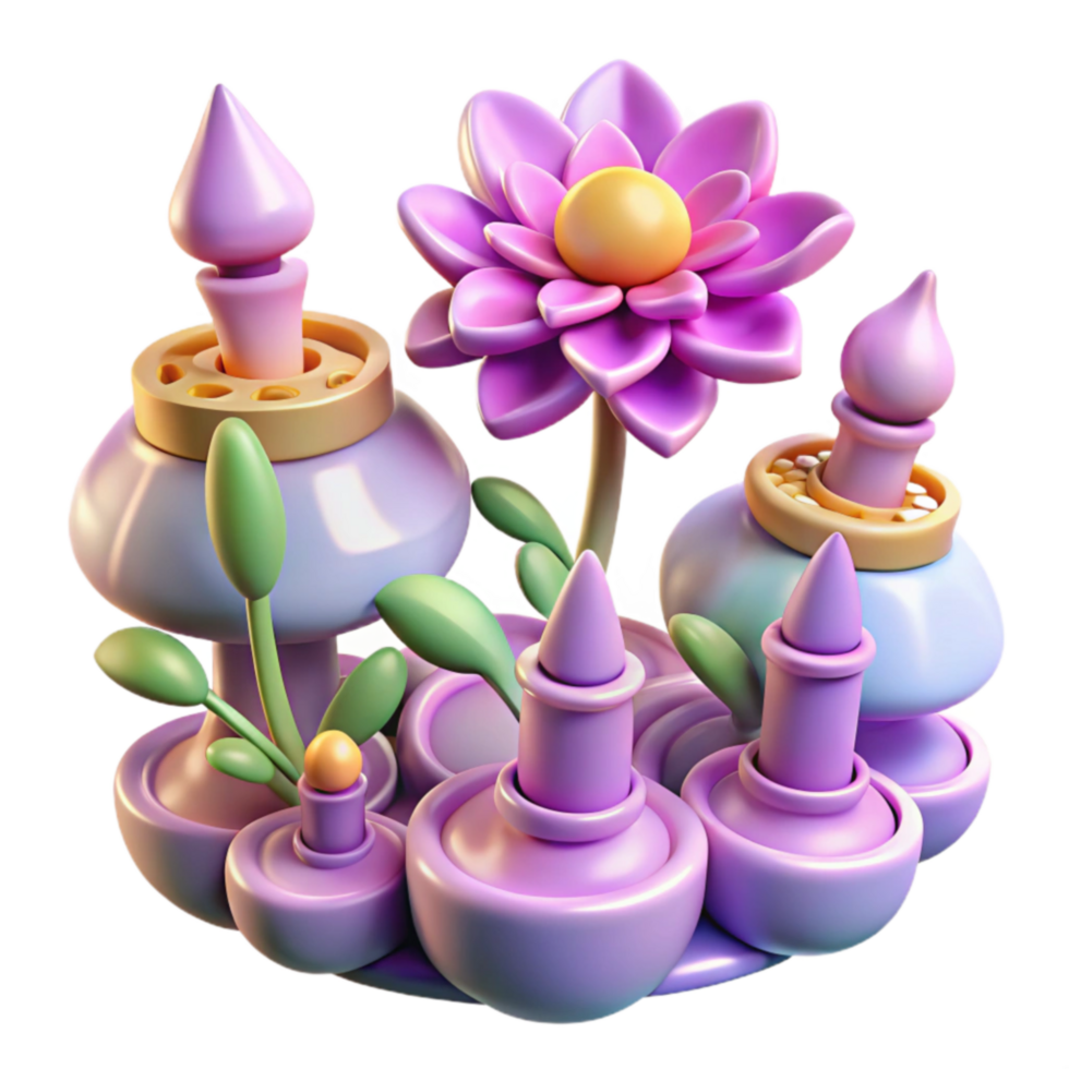 Whimsical 3D Flower Garden with Fantasy Structures png