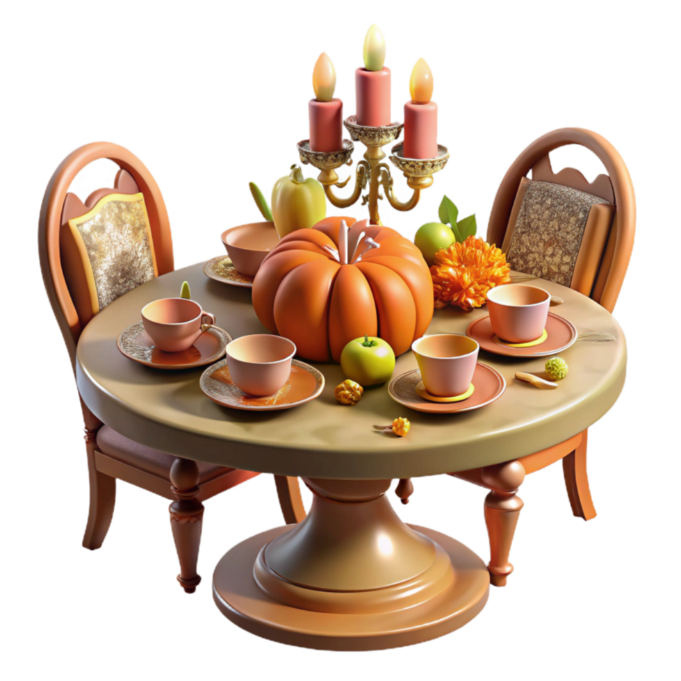 magnificent classic Autumn Harvest Table Setting Pumpkins, Candles, and Tea 4K png