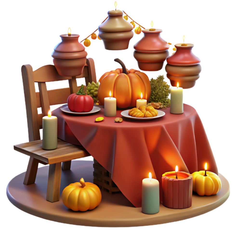 serene creative Autumn Harvest Table Setting with Candles and Pumpkins professional png