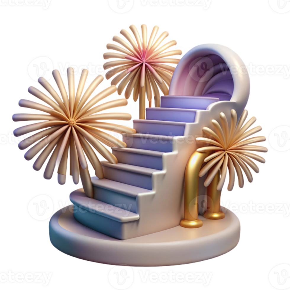 3D Render Staircase with Abstract Flowers and Arch png