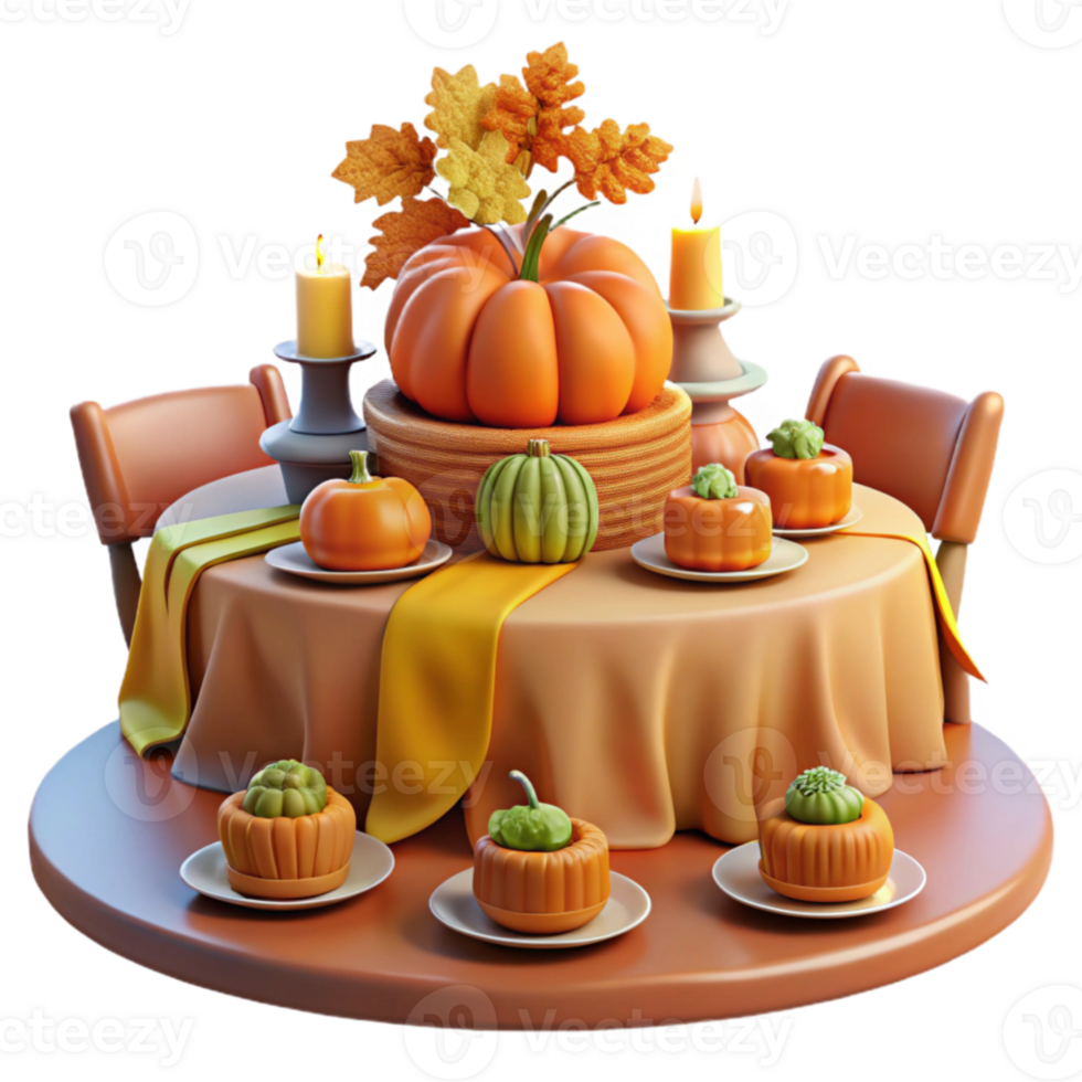 Autumn Harvest Table Setting Pumpkins, Candles, and Fall Leaves png