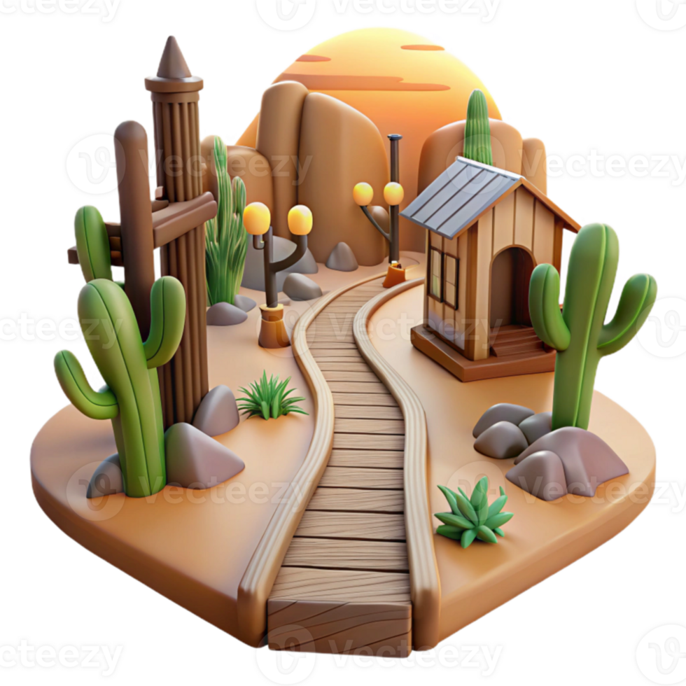 wonderful classic 3D Render Desert Oasis Wooden Path, Cactus, Sunset high quality png