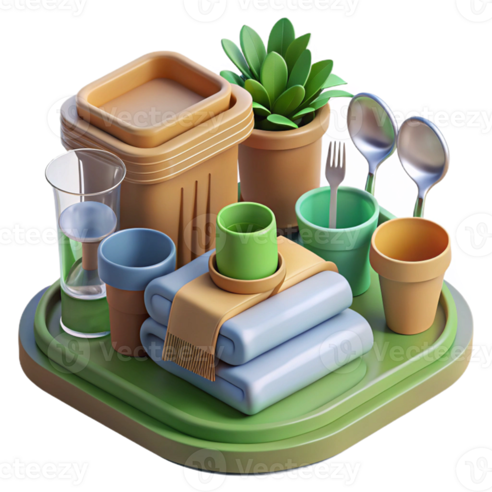 Tray of Cups, Pots, Utensils Towels png