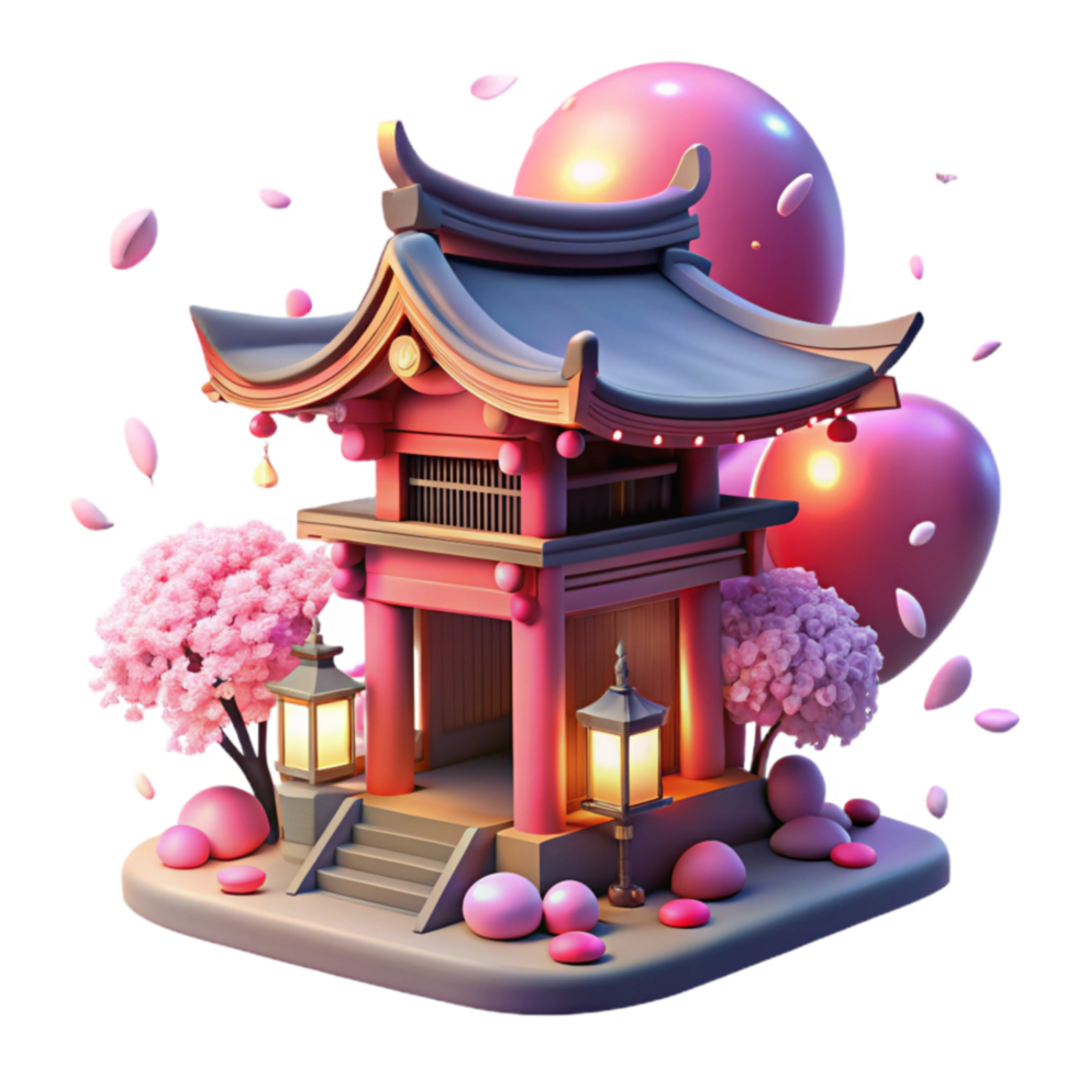 Serene Asian Temple 3D Render with Cherry Blossoms png