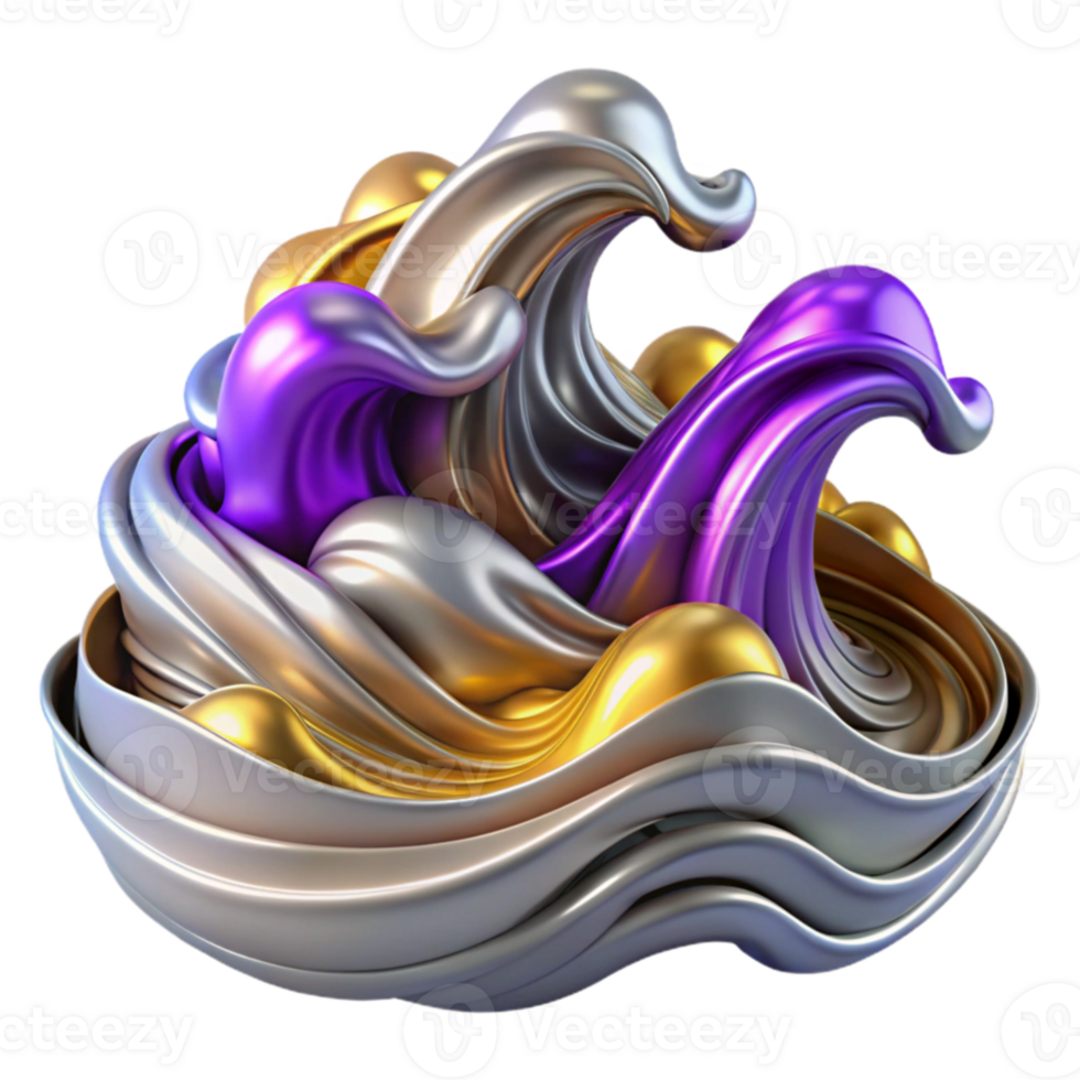 Abstract Metallic Waves 3D Render of Silver, Gold, and Purple Fluid Forms png