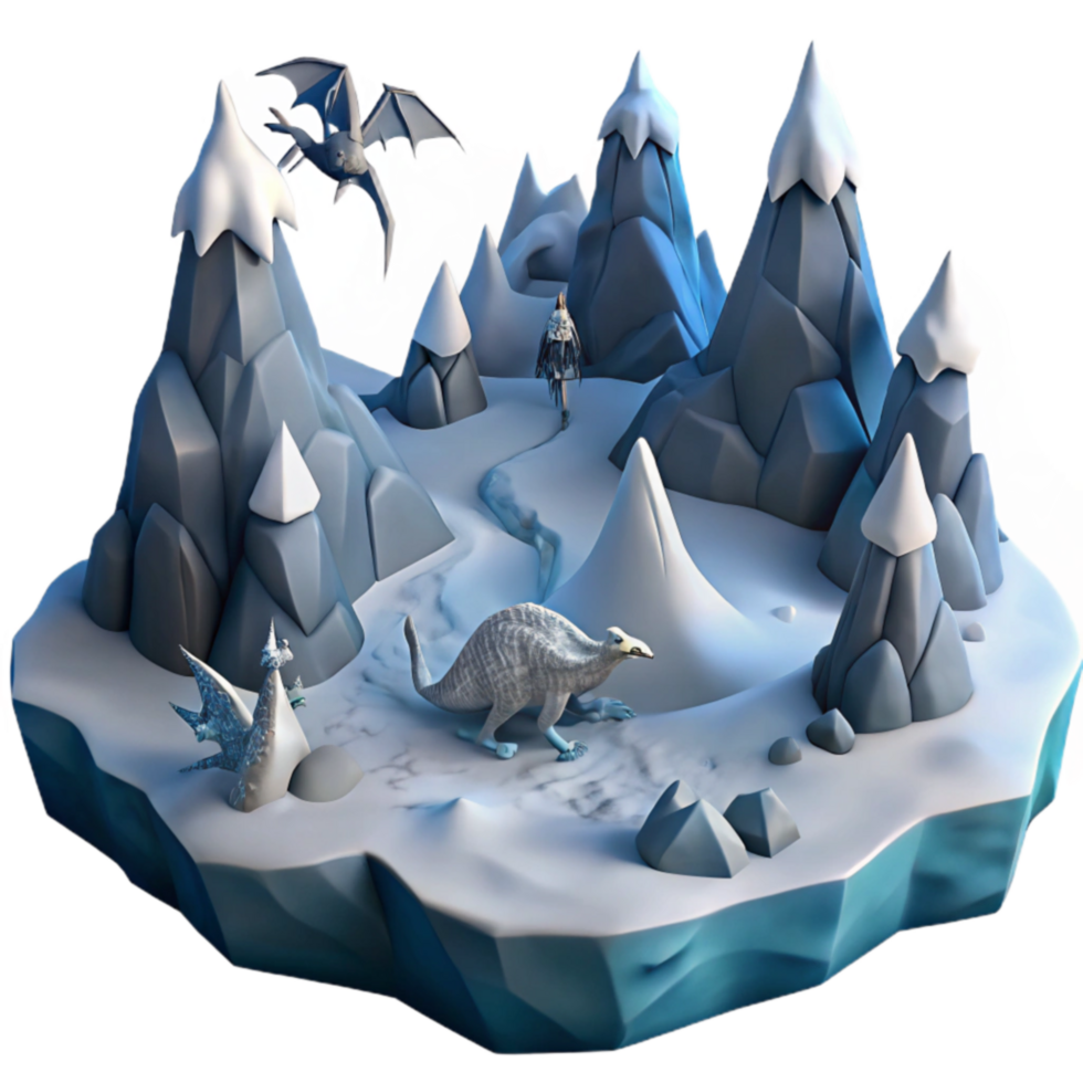 vibrant abstract Snowy Peaks, Prehistoric Creature, Fantasy Landscape high quality png