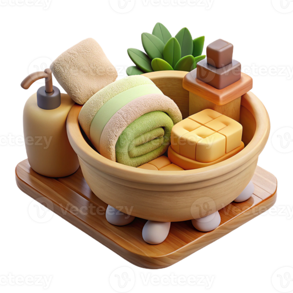 Relaxing Spa Day Wooden Tub, Towels, and Soaps png
