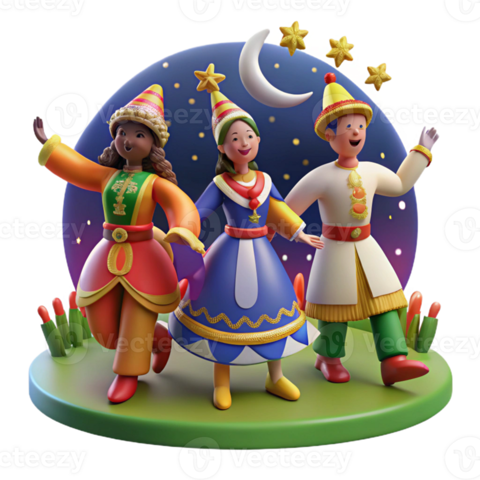 magnificent modern Night Celebration 3D Animated Figures in Festive Attire high quality png