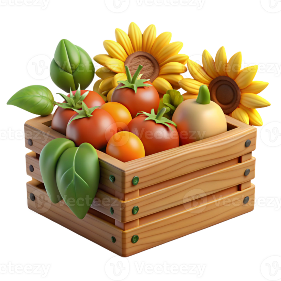 extraordinary minimalist Harvest Bounty Sunflowers, Tomatoes Vegetables in Wooden Crate authentic png