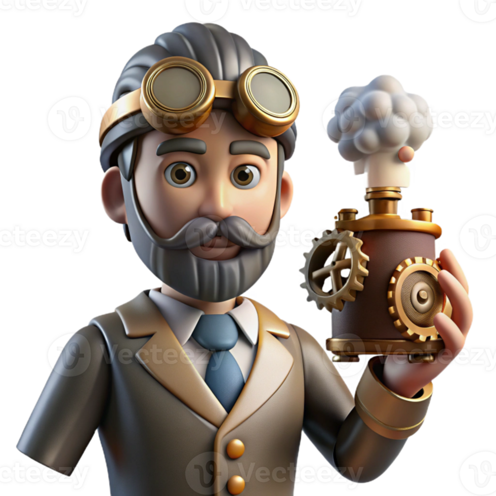 Steampunk Inventor 3D Model of a Gear-Wielding Engineer png