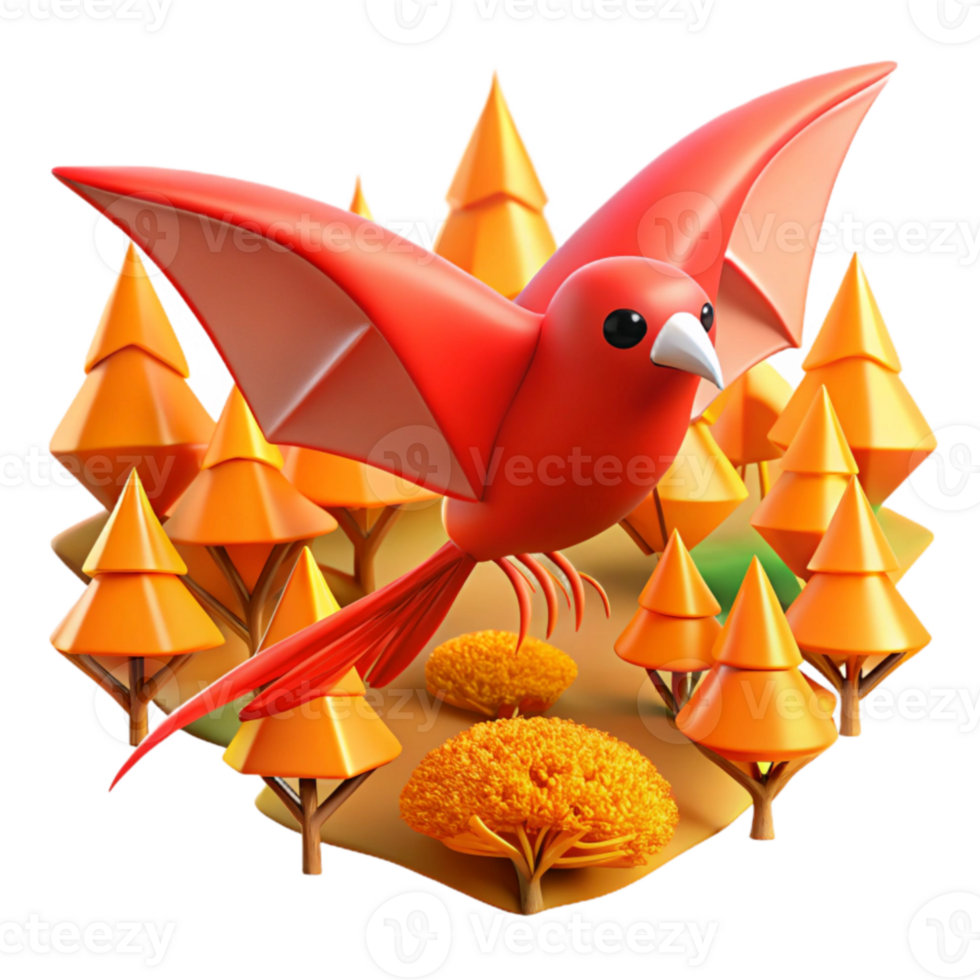 Red Bird in Autumn Forest 3D Render png
