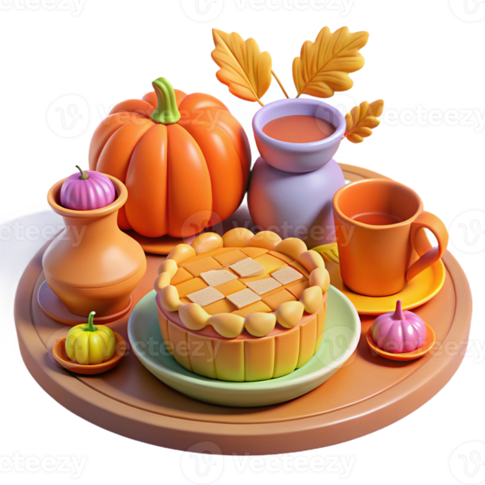 serene contemporary Autumn Harvest Pumpkin Pie, Tea, and Fall Leaves 4K png