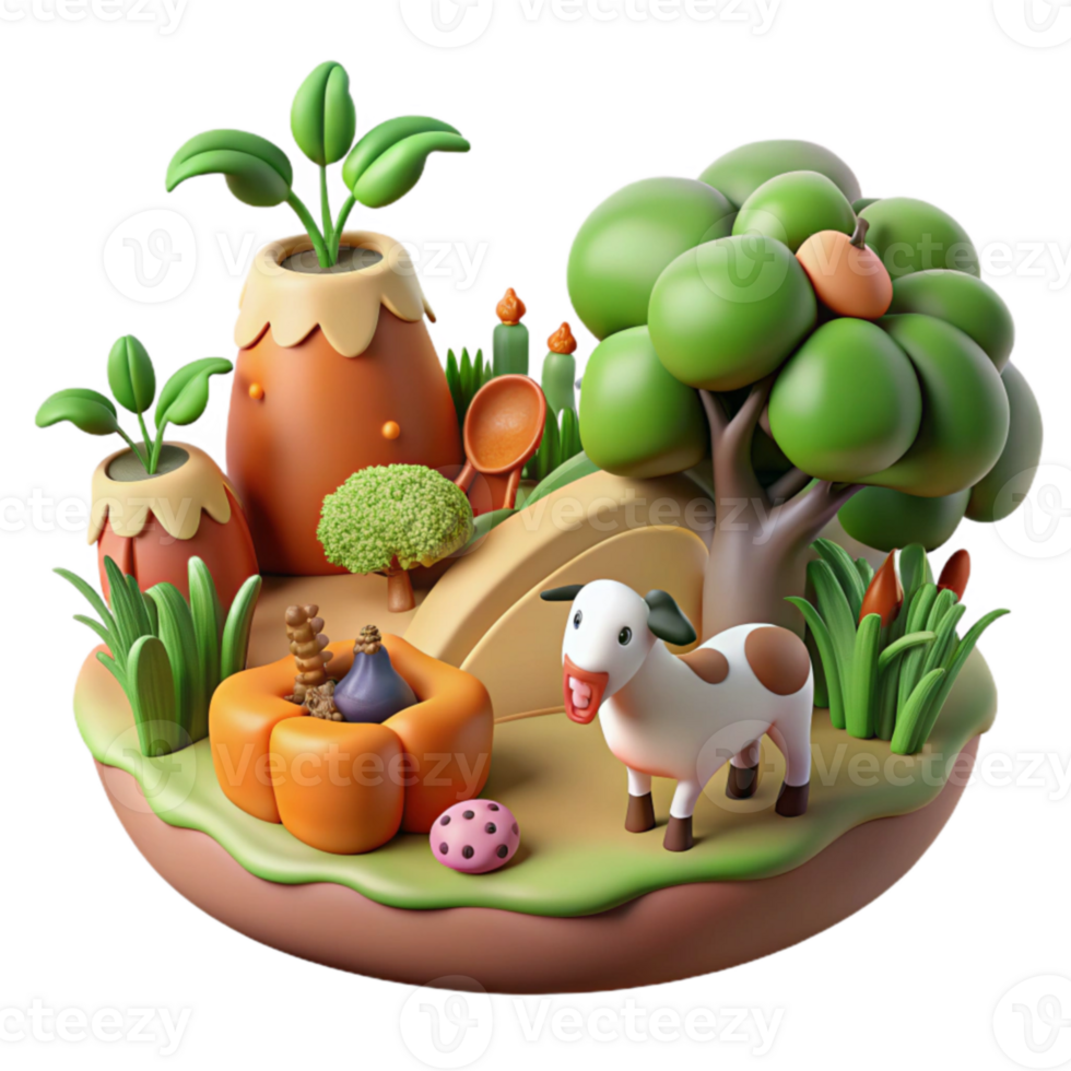 vibrant classic 3D Cartoon Farm Scene Cute Animal, Plants, and Pumpkin authentic png