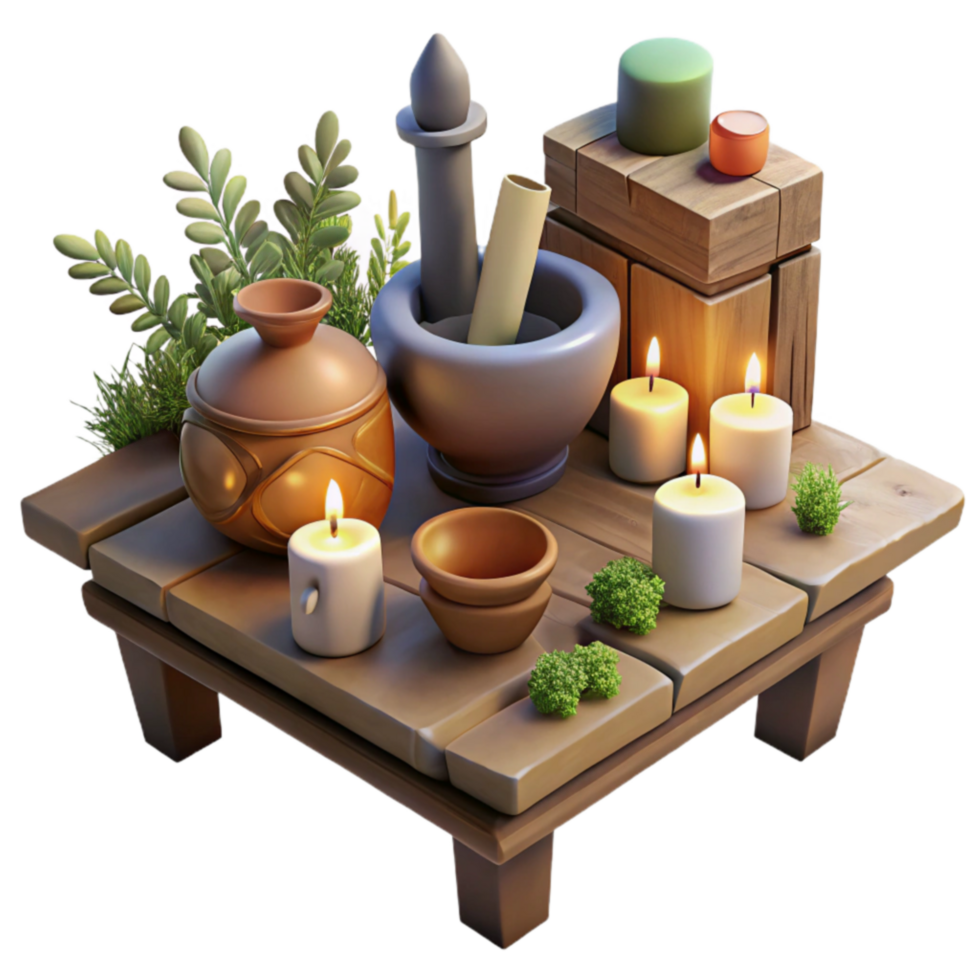 elegant traditional Wooden Tabletop Spa Setting with Candles and Herbs high resolution png