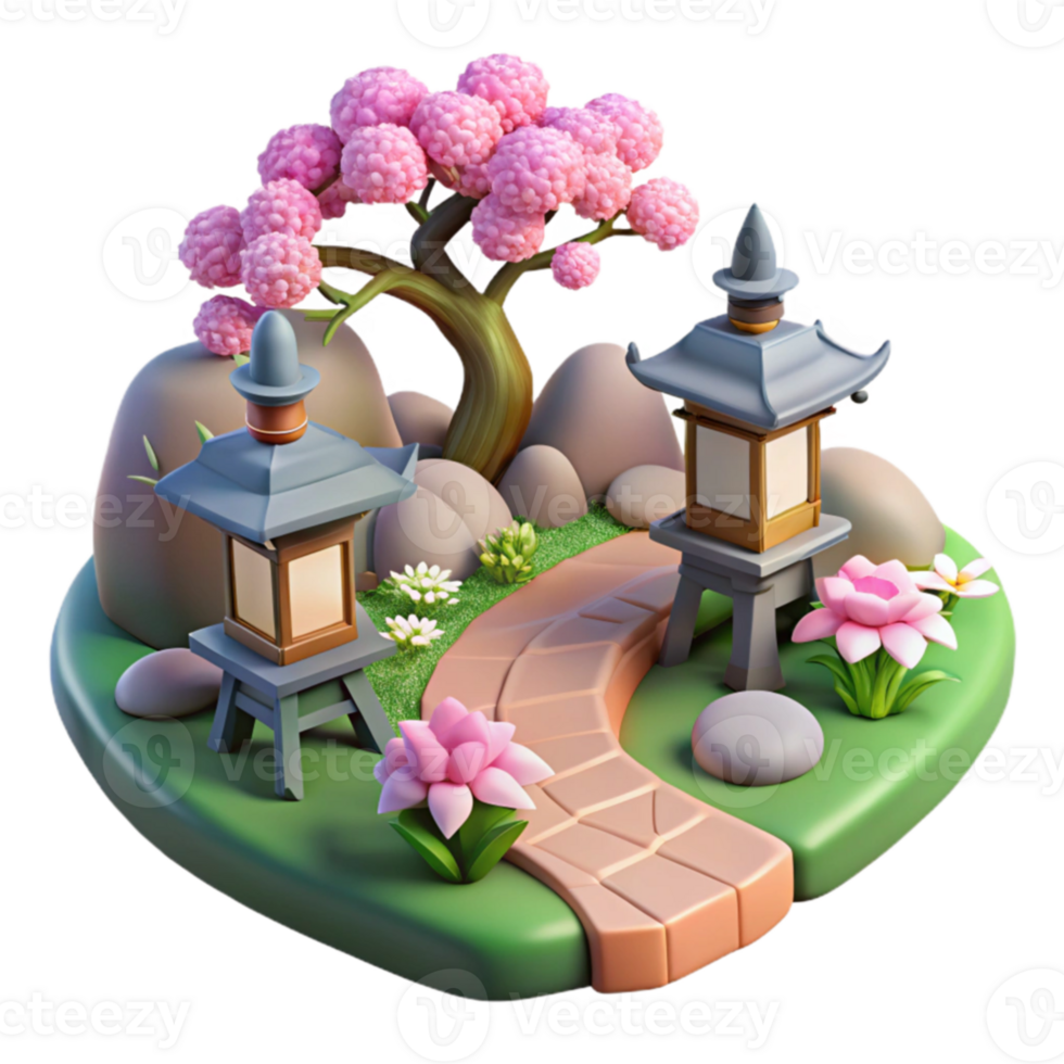 Serene 3D Render Stone Path, Cherry Blossoms, Lanterns png