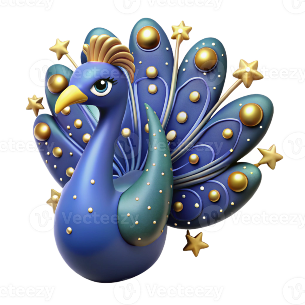 Elegant Peacock 3D Render of a Blue Bird with Golden Accents and Stars png