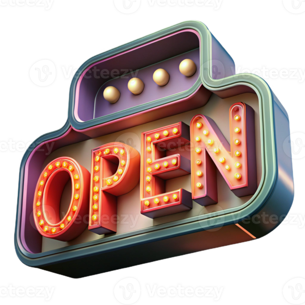 serene contemporary Illuminated Open Sign Retro Design, 3D Render authentic png