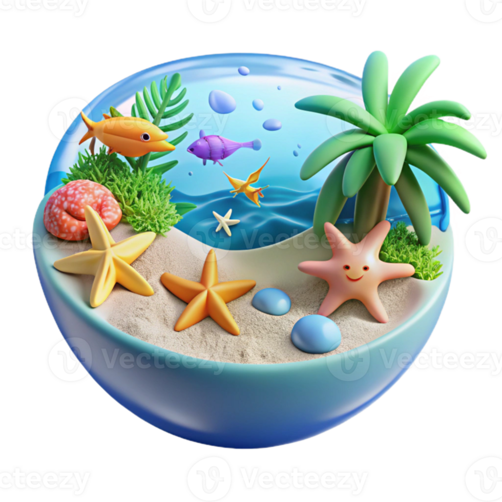 Tropical Ocean Scene Starfish, Fish, and Palm Tree png