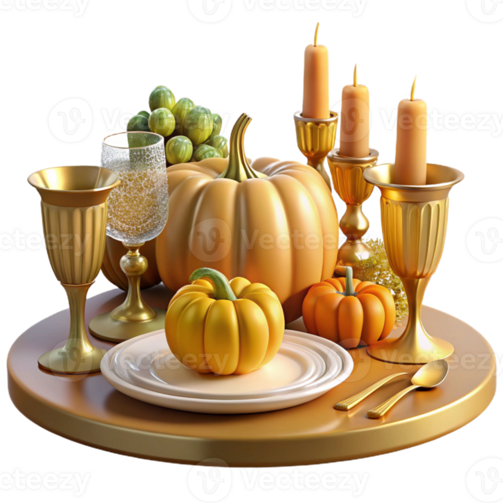 serene creative Autumn Harvest Table Setting Pumpkins, Candles, and Gold original png