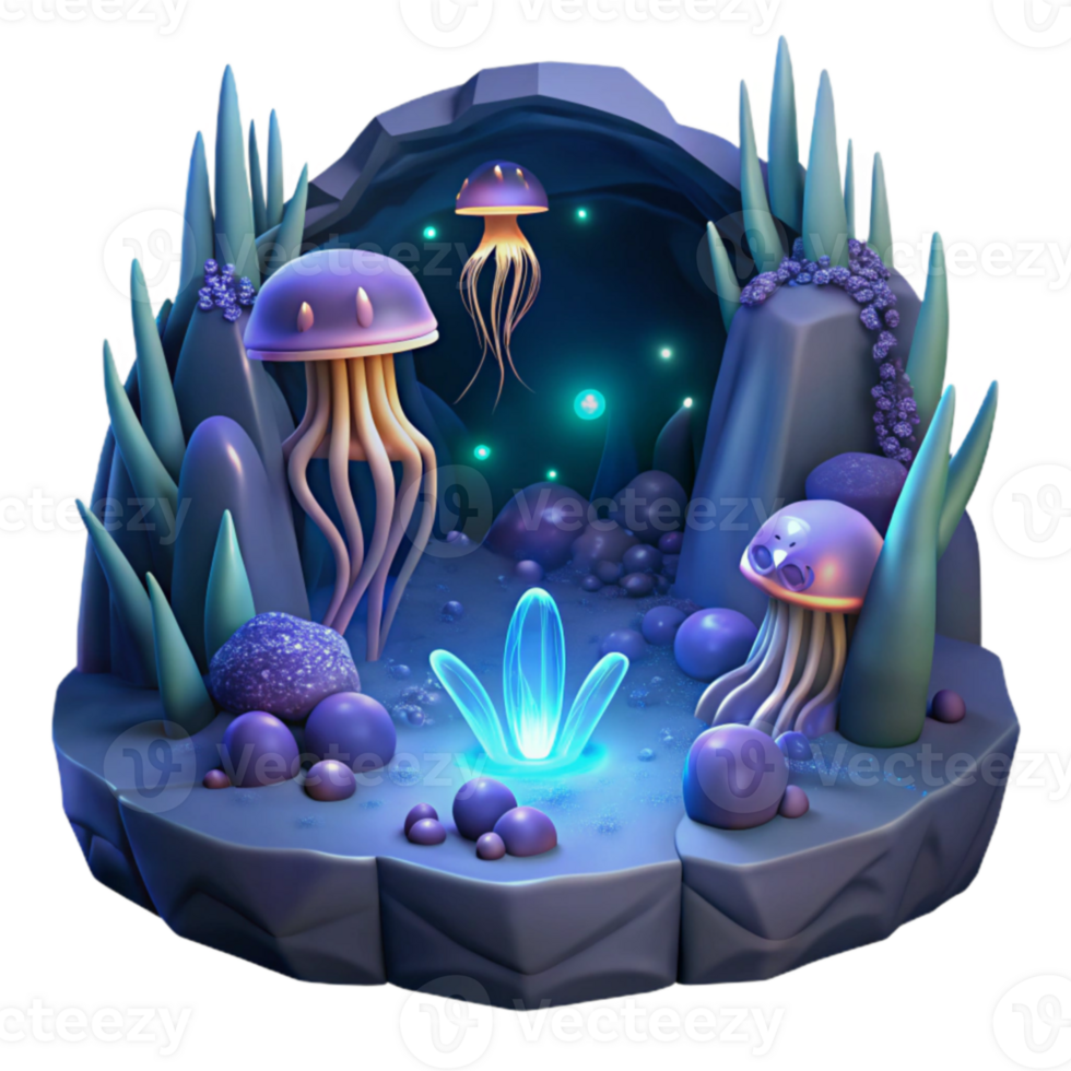 elegant modern Enchanted Jellyfish Grotto 3D Render detailed png