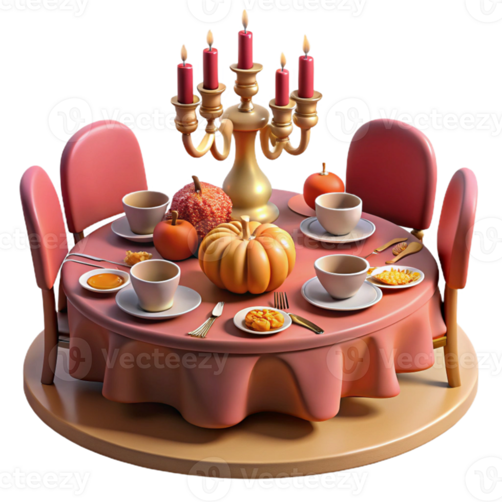 dramatic traditional Autumn Harvest Table Setting Candles, Pumpkins, and Treats premium png