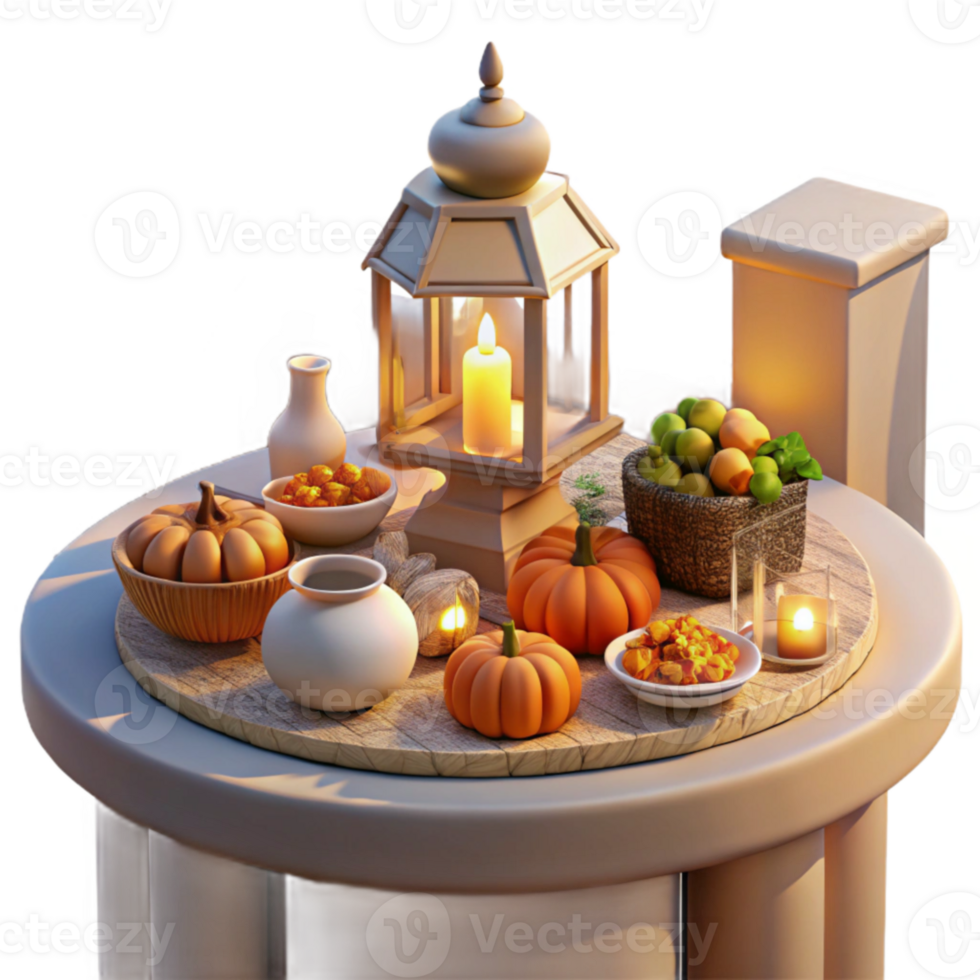 elegant artistic Autumn Harvest Table Setting with Lantern Candles original png