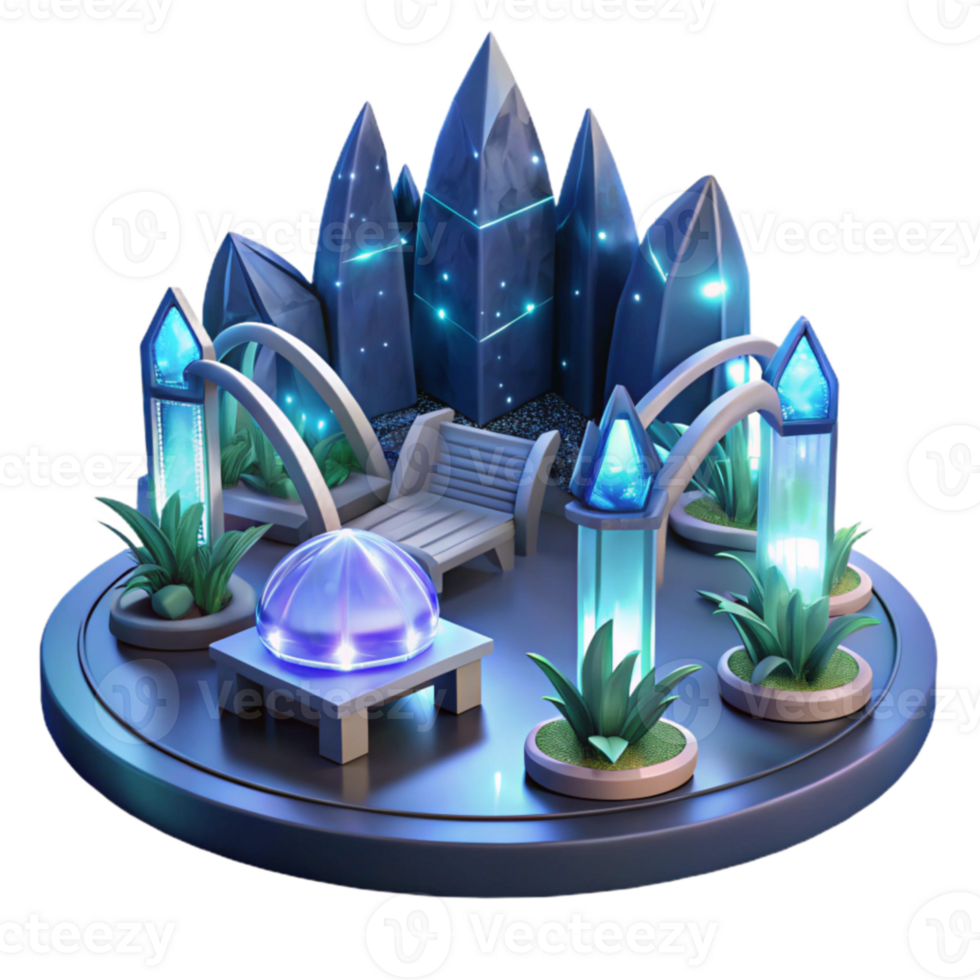 dramatic modern Crystalline Garden Oasis 3D Render of Serene Fantasy Scene authentic png