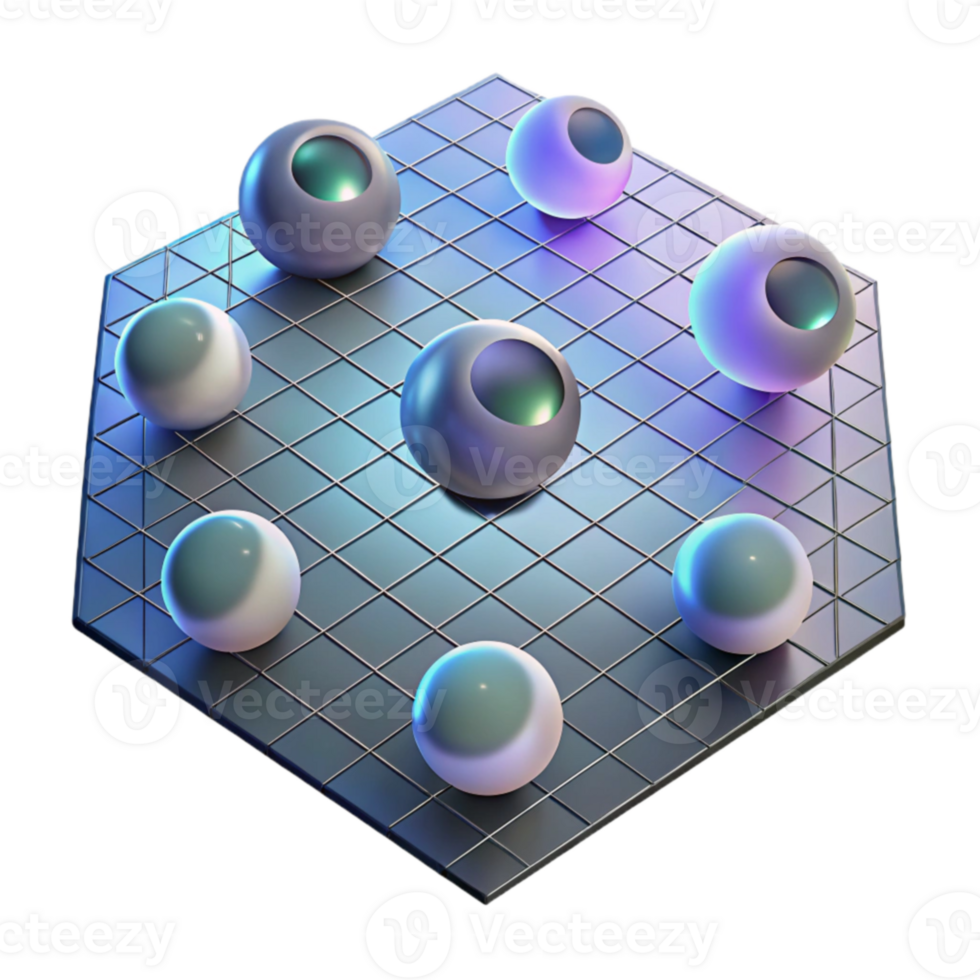 Abstract 3D Render Iridescent Spheres on Grid png