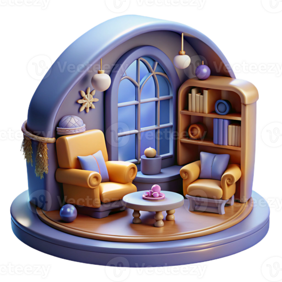 wonderful modern Cozy 3D Rendered Room Arch Window, Armchairs, Bookshelf 4K png