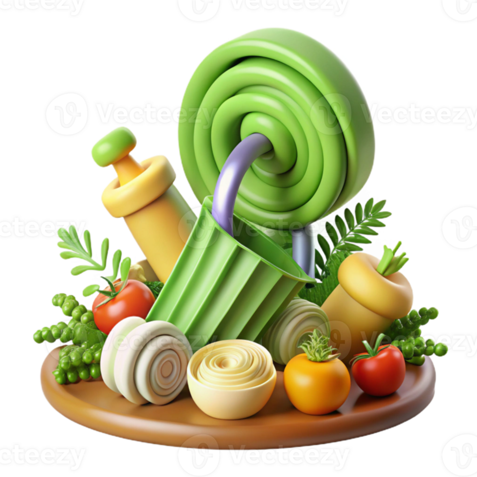 extraordinary modern Vibrant 3D Still Life Vegetables, Gardening Tools, Abstract Forms 4K png