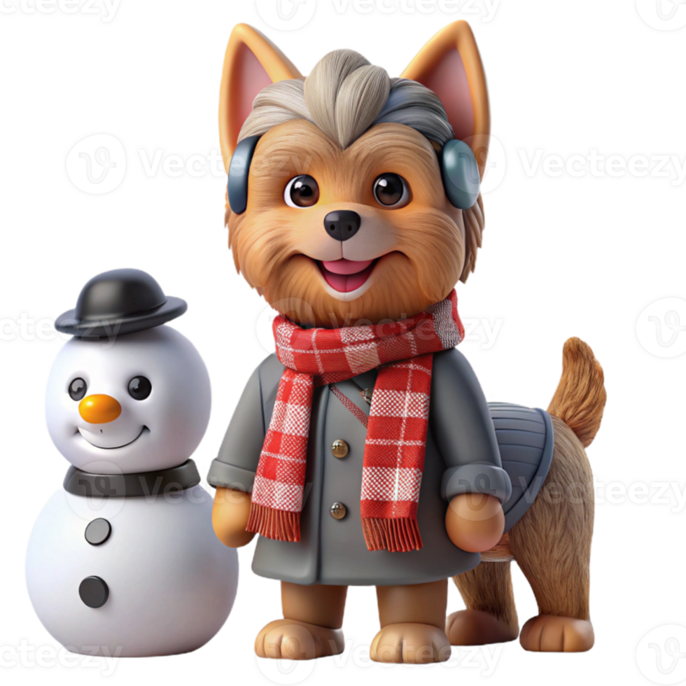 beautiful rustic Cute Puppy Snowman Winter Holiday Scene high quality png