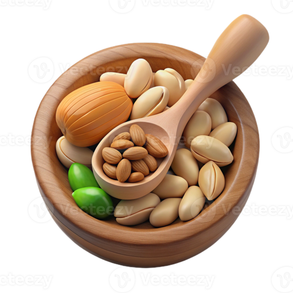 Wooden Bowl of Assorted Nuts Almonds, Pistachios, and More png