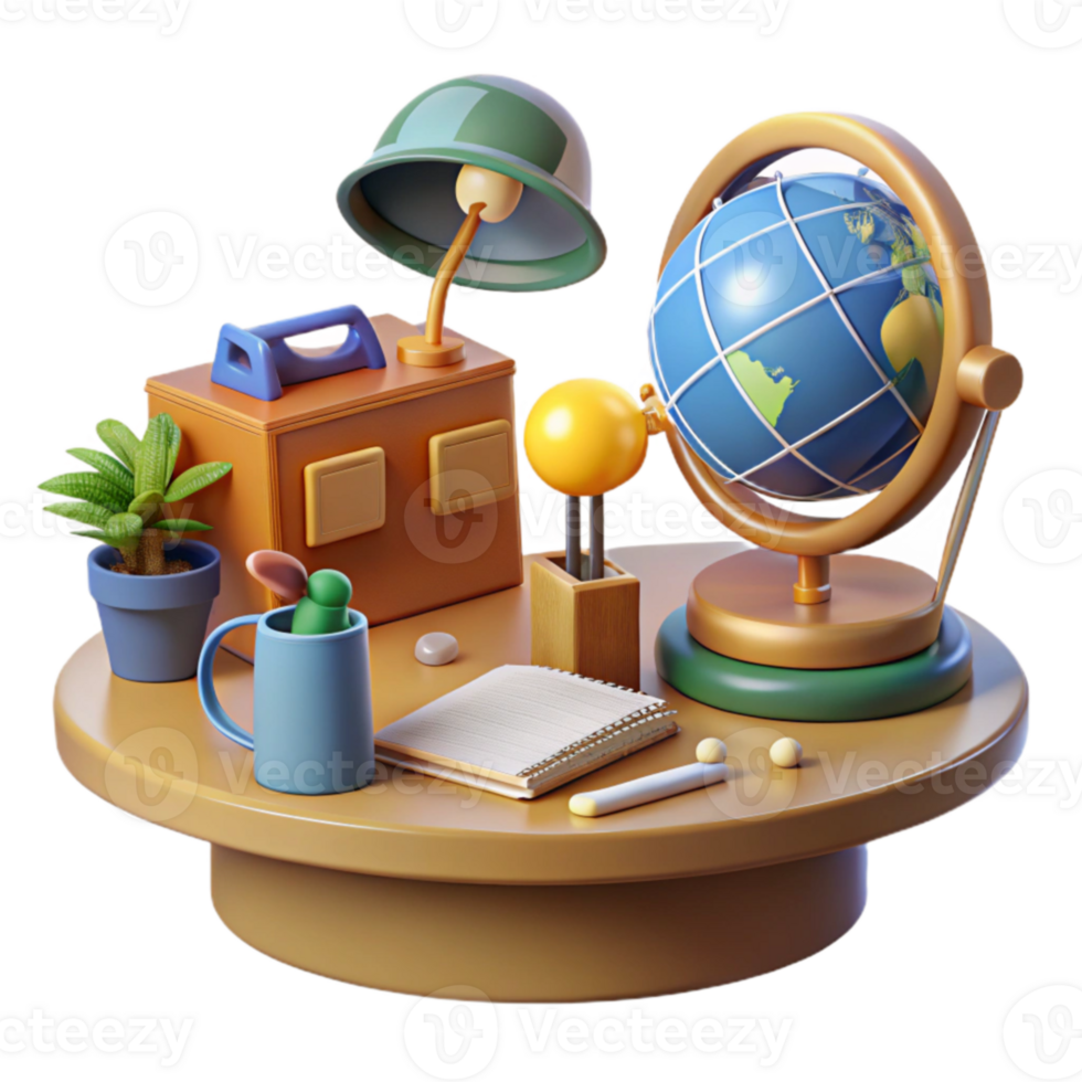 beautiful minimalist Desk Setup Globe, Lamp, and Notebook detailed png
