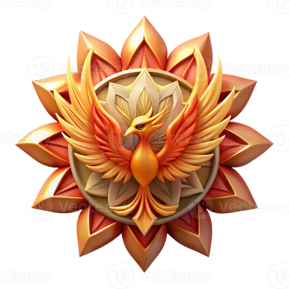 dramatic abstract Phoenix Sun Medallion 3D Render of Mythical Bird high quality png
