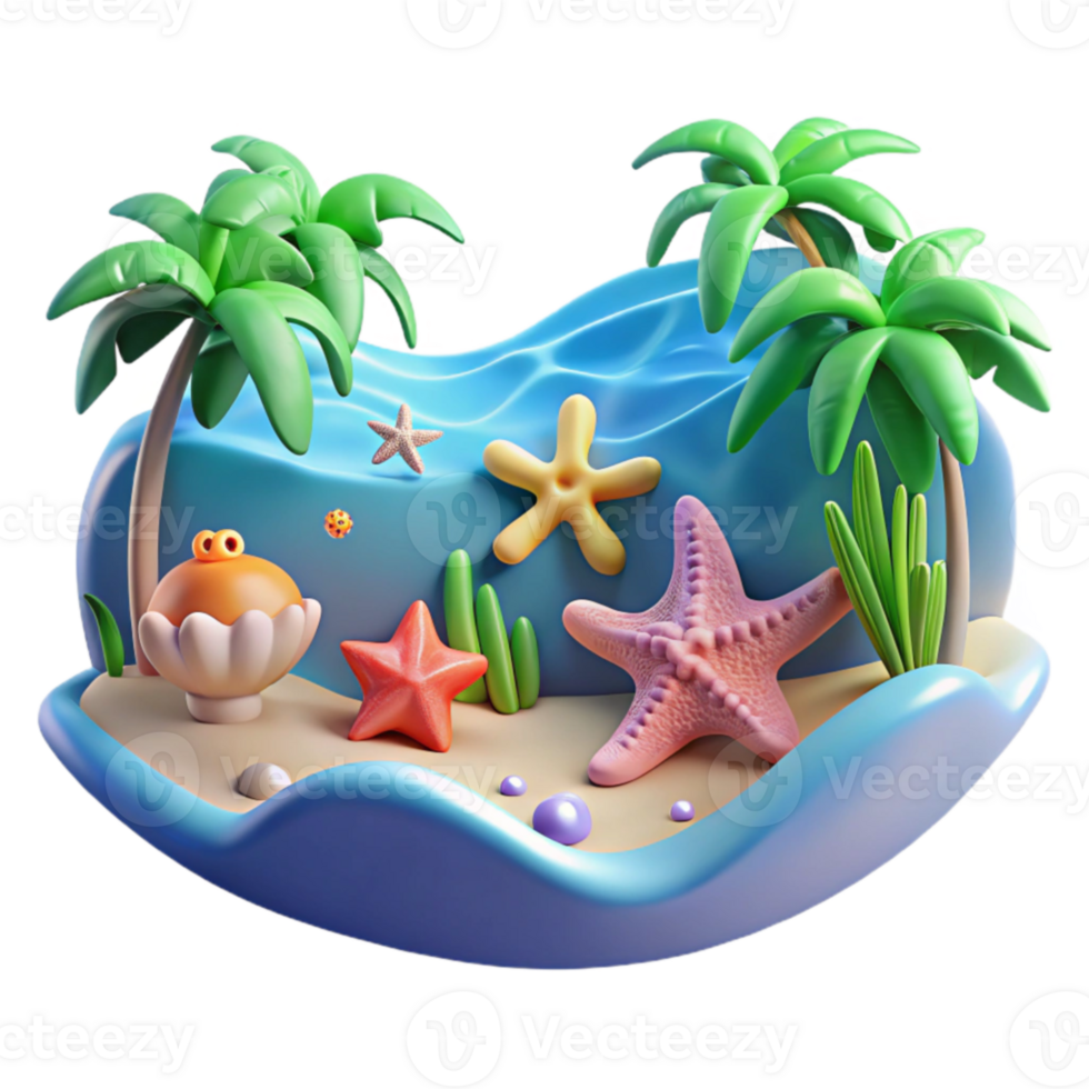 stunning classic Tropical Island Seascape 3D Render of Starfish, Palms, and Ocean high quality png