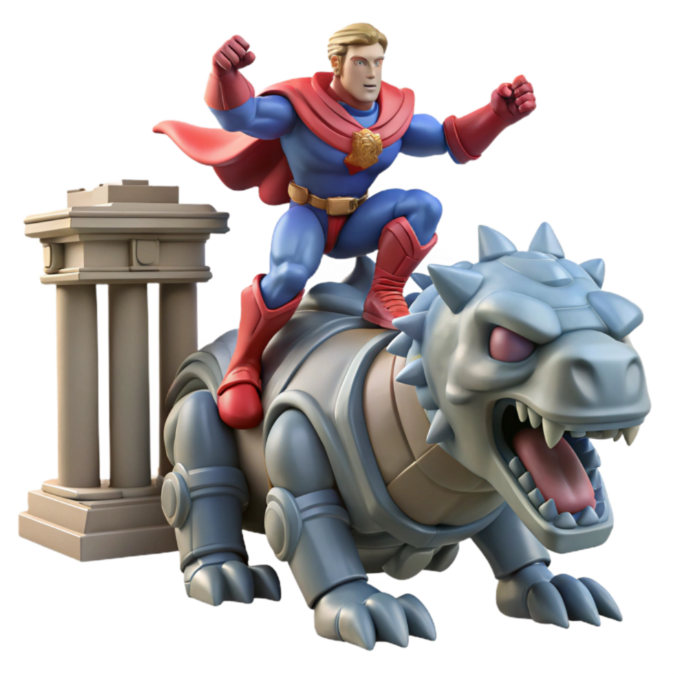 Superhero Riding Mechanical Dinosaur Toy Figure with Ancient Columns png