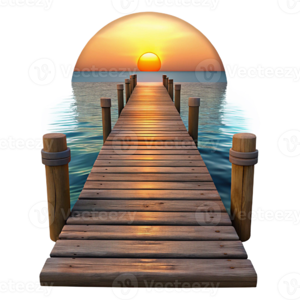 Sunset Pier Ocean View, Wooden Dock, Calm Water, Golden Hour png
