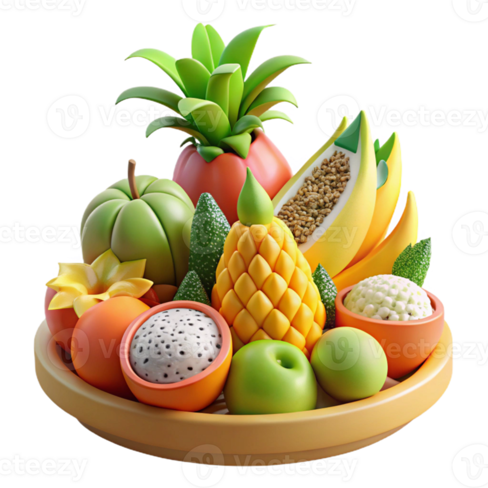 Vibrant Tropical Fruit Bowl A 3D Render of Exotic Fruits png