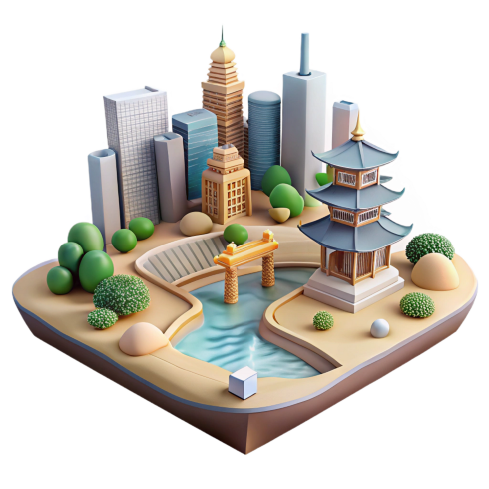 elegant traditional Modern Cityscape with Asian Temple and Garden high resolution png