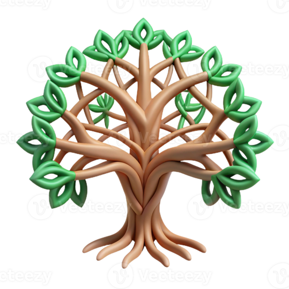 vibrant artistic Abstract Tree of Life 3D Render of Intertwined Branches and Leaves 4K png