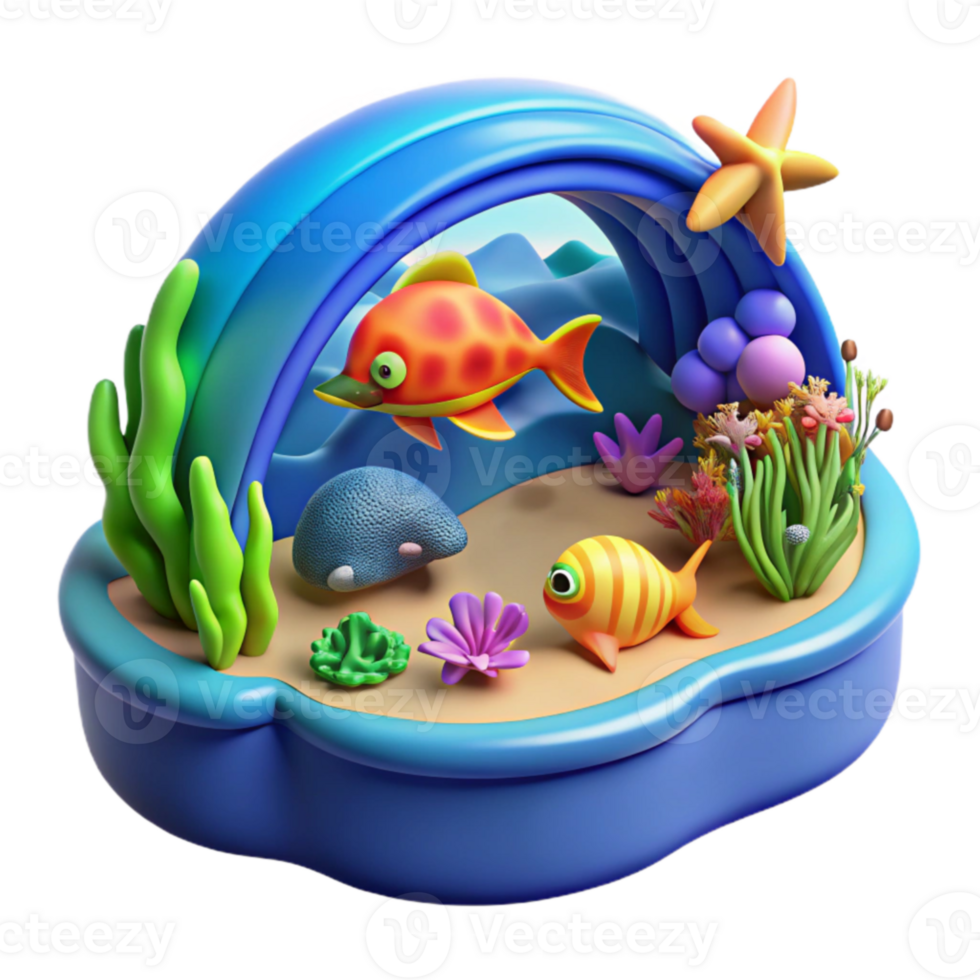 serene vintage Undersea Scene 3D Cartoon Fish and Coral Reef high quality png