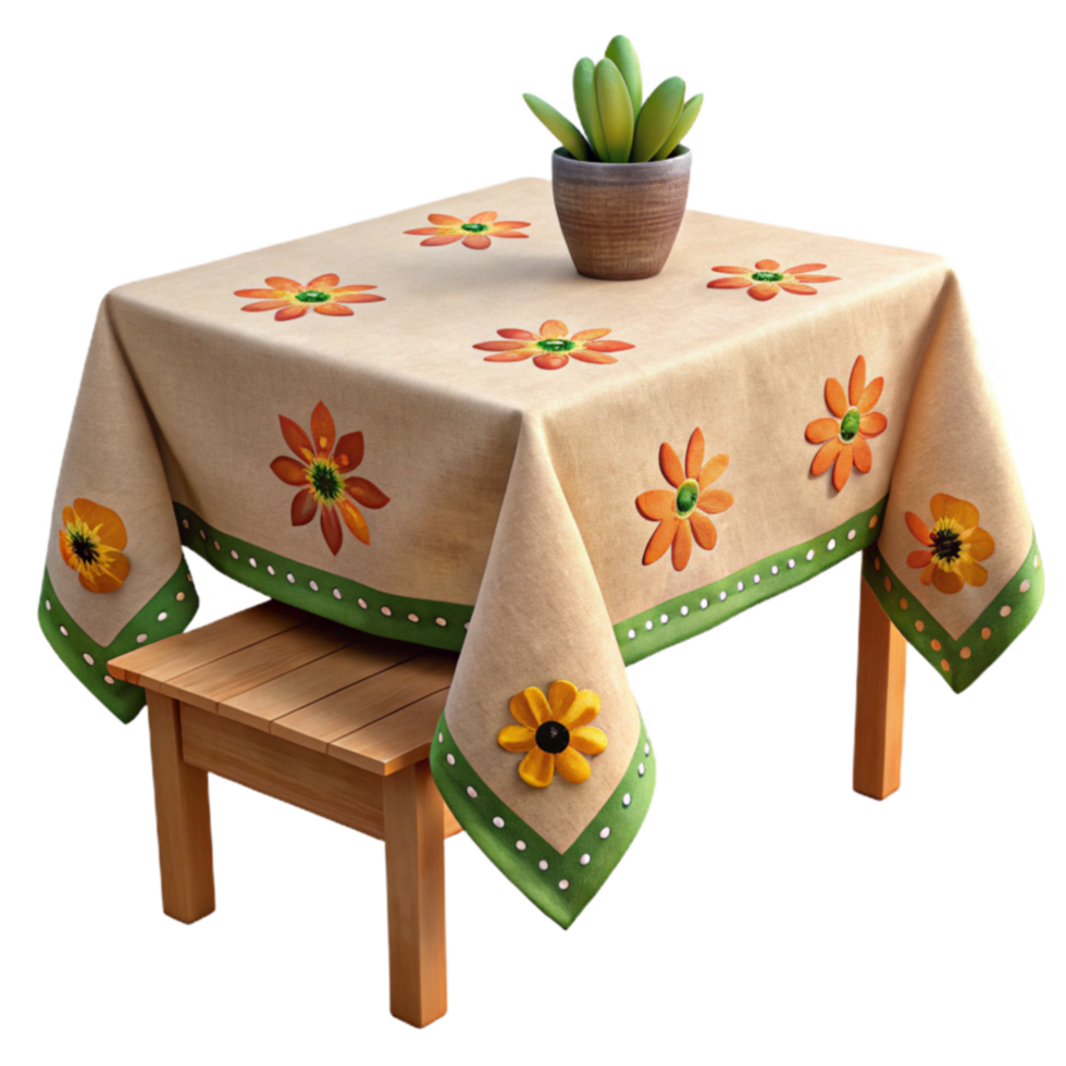 vibrant traditional Floral Tablecloth with Green Trim, Square Table Setting premium png
