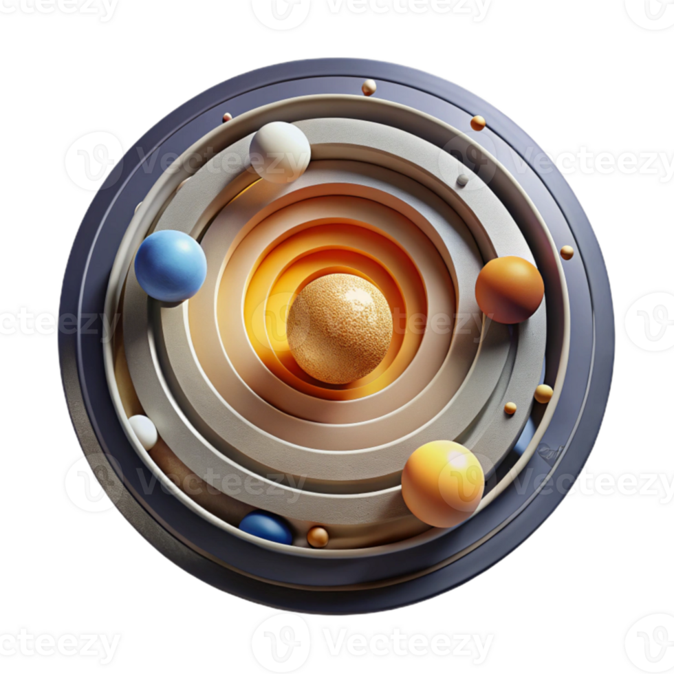 Abstract Circular Planetary System 3D Render of Orbits and Spheres png