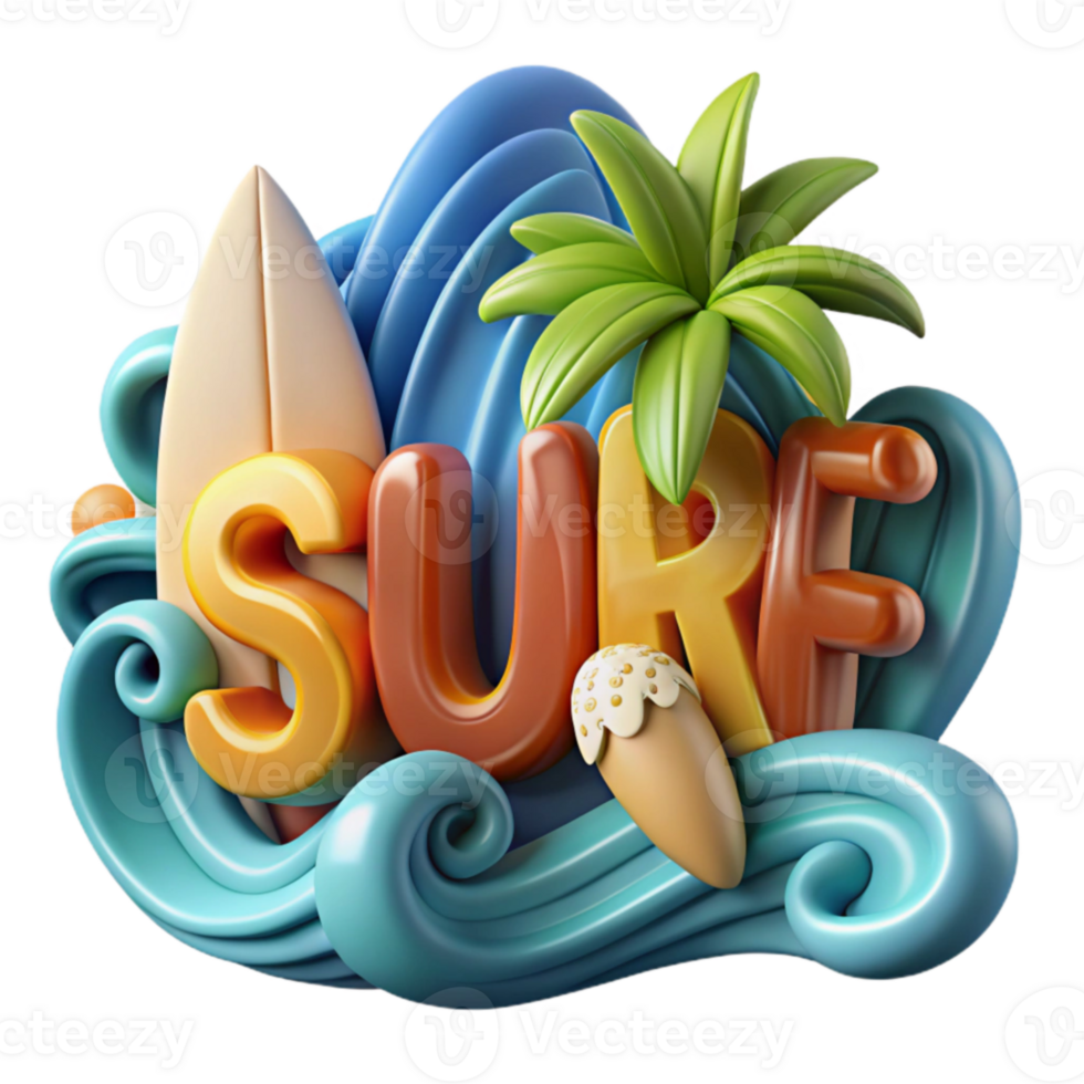 dramatic rustic Summer Surf Waves, Palm, and Surfboard authentic png