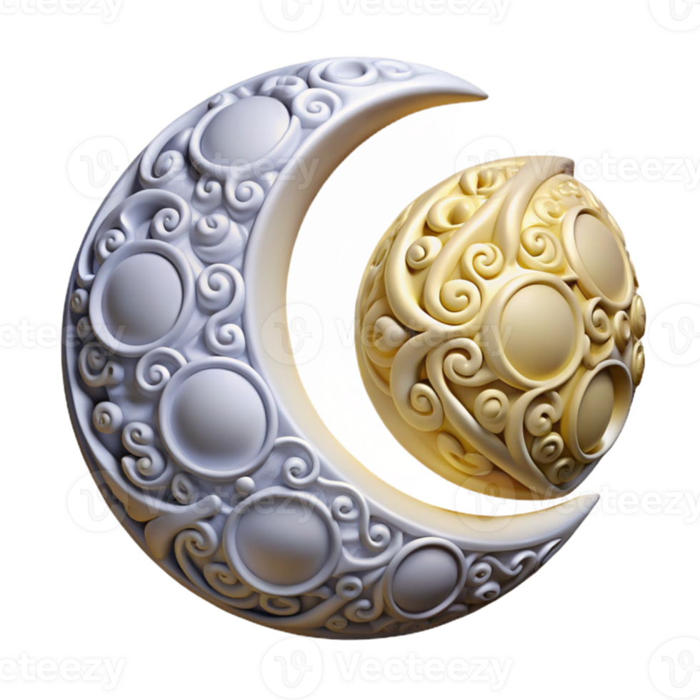 Ornate Crescent Moon and Sphere 3D Render png