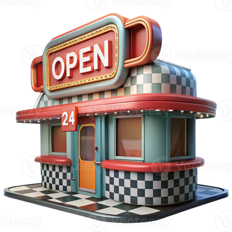 beautiful classic Retro Diner 24-Hour Open Restaurant Design detailed png
