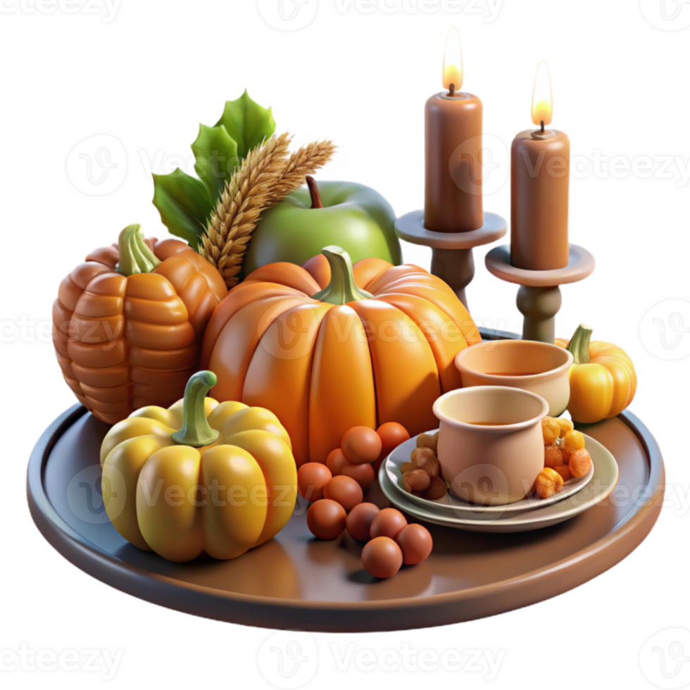 Autumn Harvest Scene Pumpkins, Candles, and Warm Drinks png