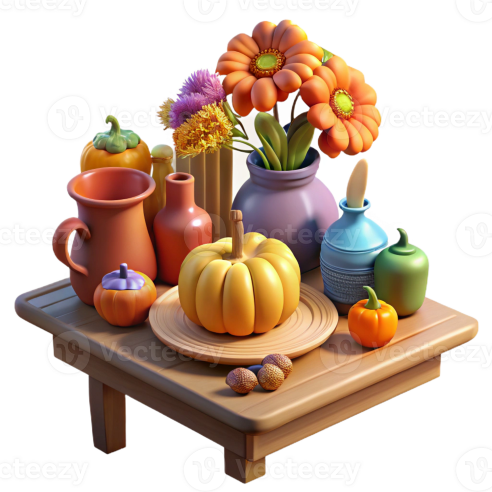 impressive vintage Autumn Still Life Pumpkins, Flowers, and Pottery original png